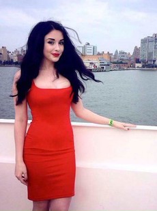 Charming beauty in a red dress. Who fucks this